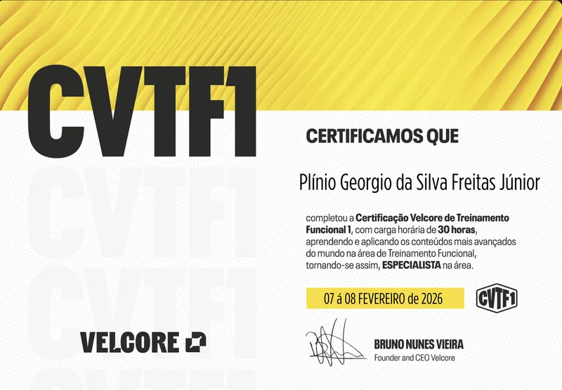 Certificado Velcore de Treinamento Funcional 1 (CVTF1) em nome de Plínio Georgio da Silva Freitas Júnior